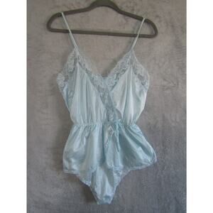 JCPenney Baby Blue‎ Lace Teddy Bodysuit Women's M Satin Sleepwear Vintage 80s